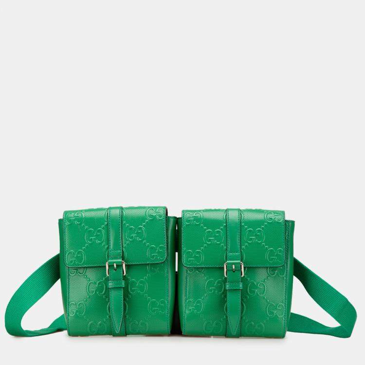 Pre Owned Gucci Green GG Embossed Perforated Double Belt Bag