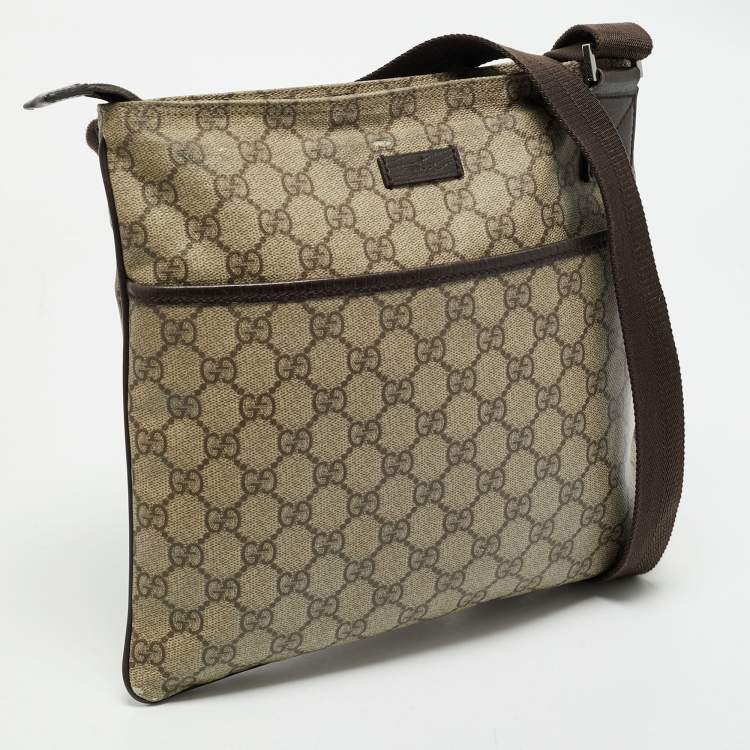 Pre Owned Gucci Beige/Brown GG Supreme Canvas and Leather Flat Messenger Bag