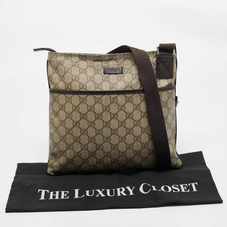 Pre Owned Gucci Beige/Brown GG Supreme Canvas and Leather Flat Messenger Bag