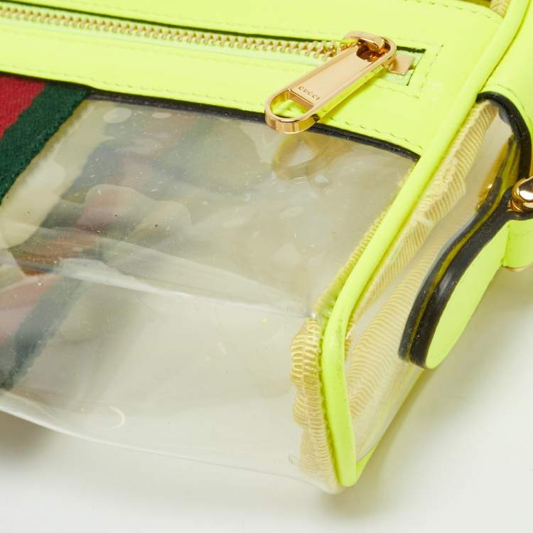 Pre Owned Gucci Neon Green Leather and PVC Ophidia Mini Front Zip Crossbody Bag