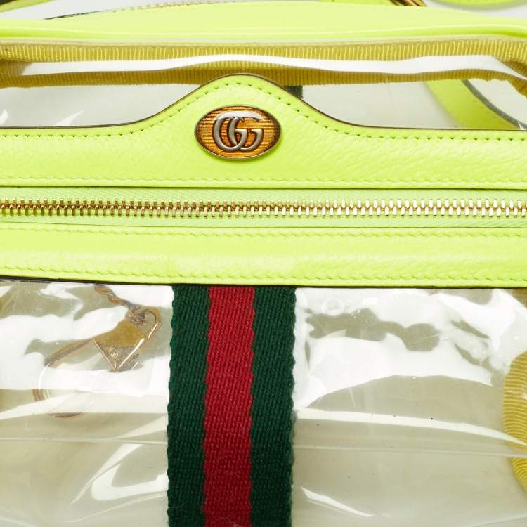 Pre Owned Gucci Neon Green Leather and PVC Ophidia Mini Front Zip Crossbody Bag
