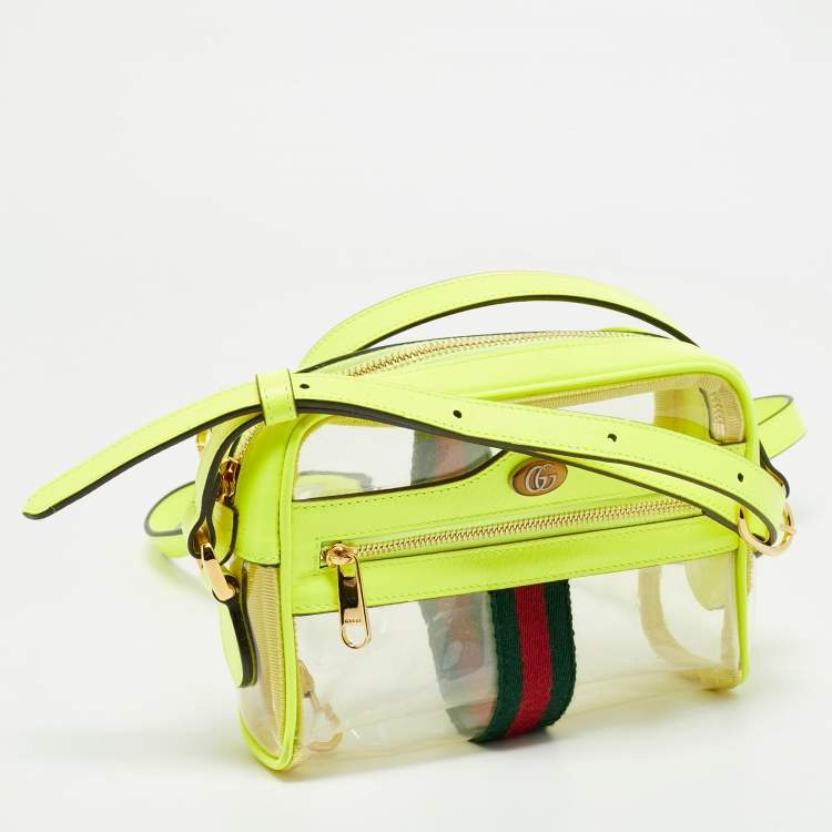 Pre Owned Gucci Neon Green Leather and PVC Ophidia Mini Front Zip Crossbody Bag