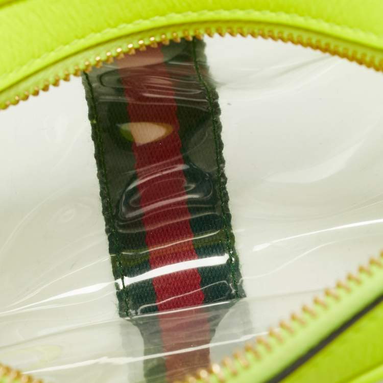 Pre Owned Gucci Neon Green Leather and PVC Ophidia Mini Front Zip Crossbody Bag