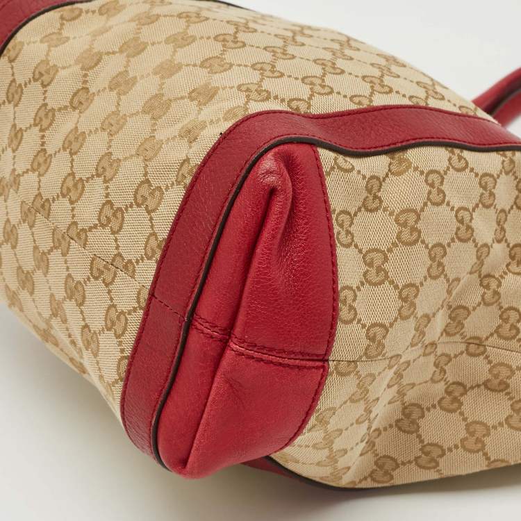 Pre Owned Gucci Red/Beige Canvas and Leather GG Twins Tote