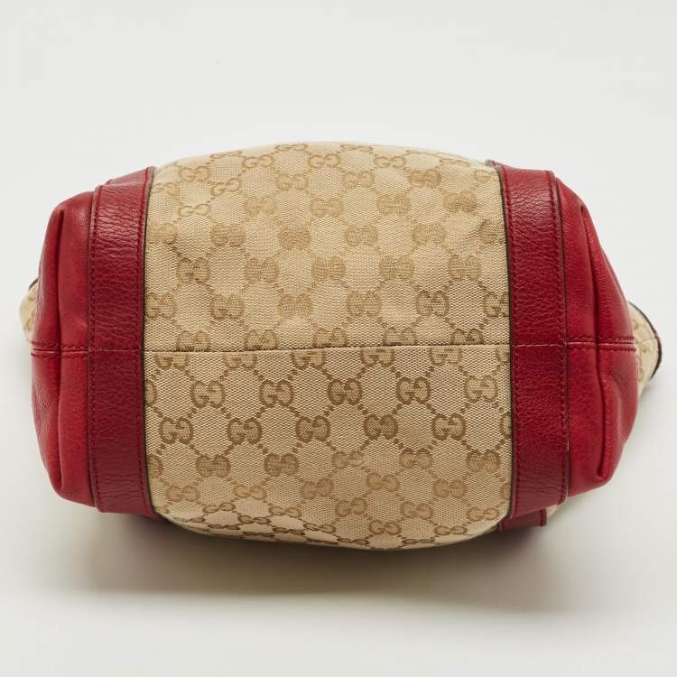 Pre Owned Gucci Red/Beige Canvas and Leather GG Twins Tote