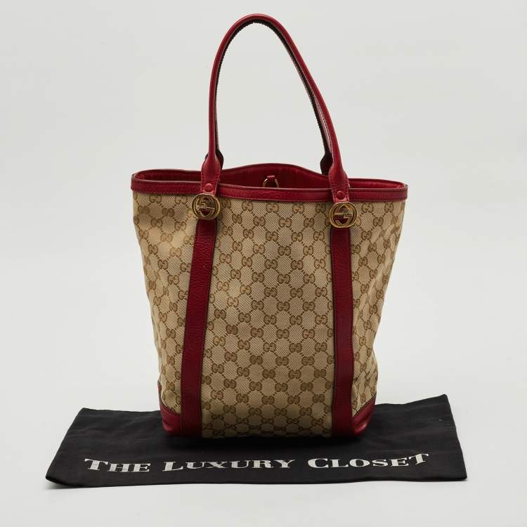 Pre Owned Gucci Red/Beige Canvas and Leather GG Twins Tote