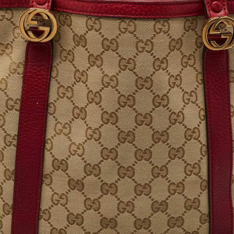 Pre Owned Gucci Red/Beige Canvas and Leather GG Twins Tote