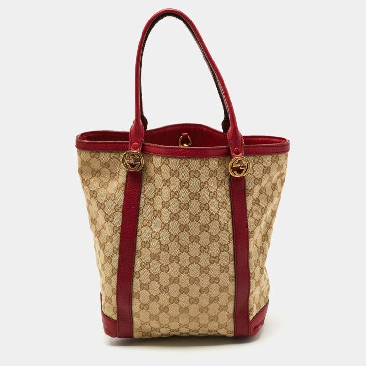 Pre Owned Gucci Red/Beige Canvas and Leather GG Twins Tote