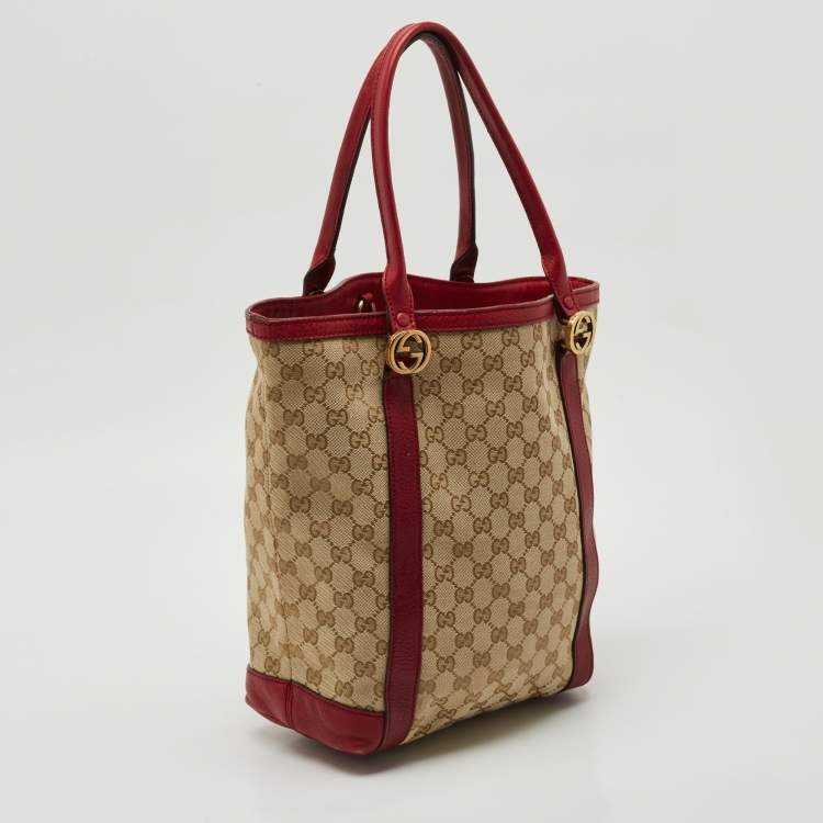 Pre Owned Gucci Red/Beige Canvas and Leather GG Twins Tote