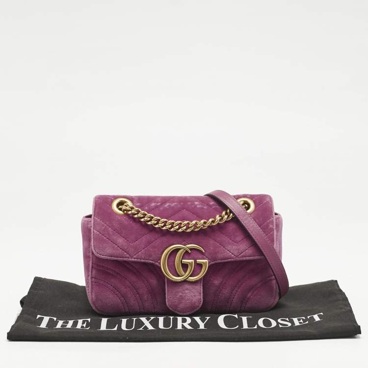 Pre Owned Gucci Pink Matelassé Velvet Mini GG Marmont Shoulder Bag