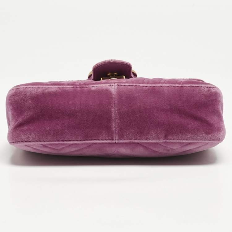Pre Owned Gucci Pink Matelassé Velvet Mini GG Marmont Shoulder Bag