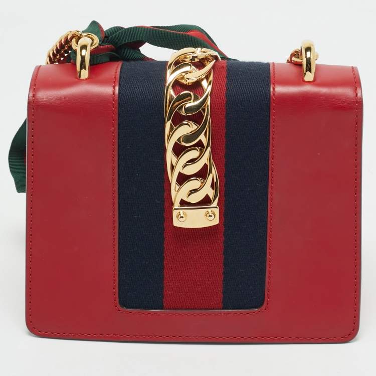 Pre Owned Gucci Red Leather Mini Web Chain Sylvie Shoulder Bag