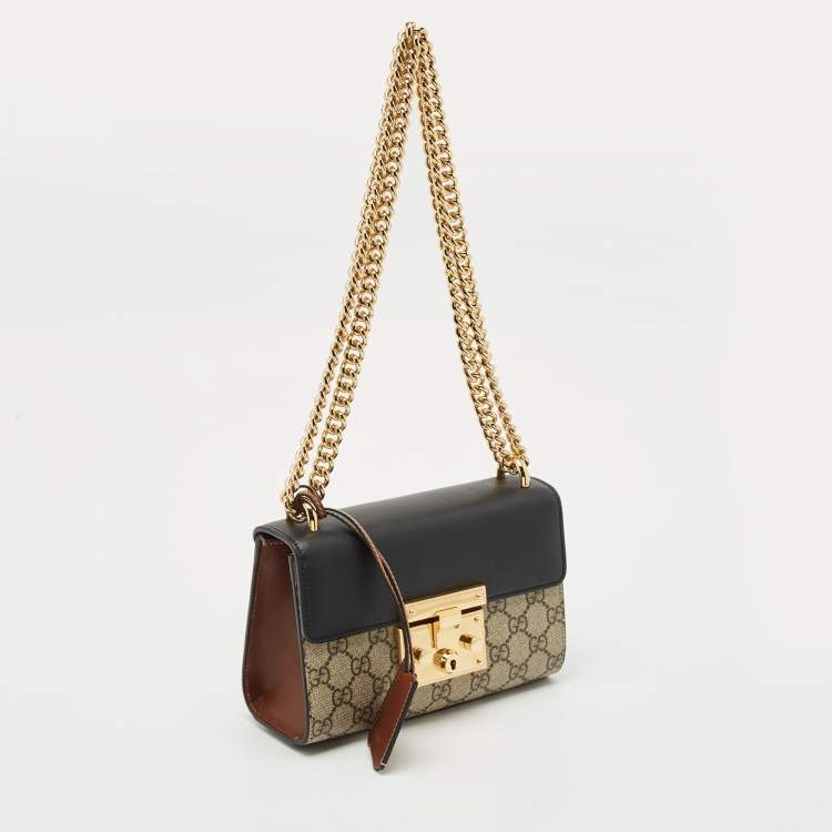 Pre Owned Gucci Beige/Black GG Supreme Canvas and Leather Small Padlock Shoulder Bag