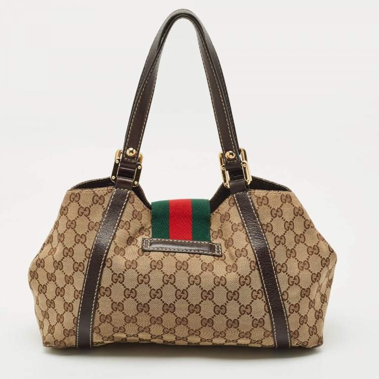 Pre Owned Gucci Beige/Dark Brown GG Canvas and Leather New Ladies Web Tote