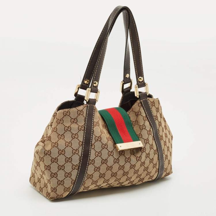 Pre Owned Gucci Beige/Dark Brown GG Canvas and Leather New Ladies Web Tote