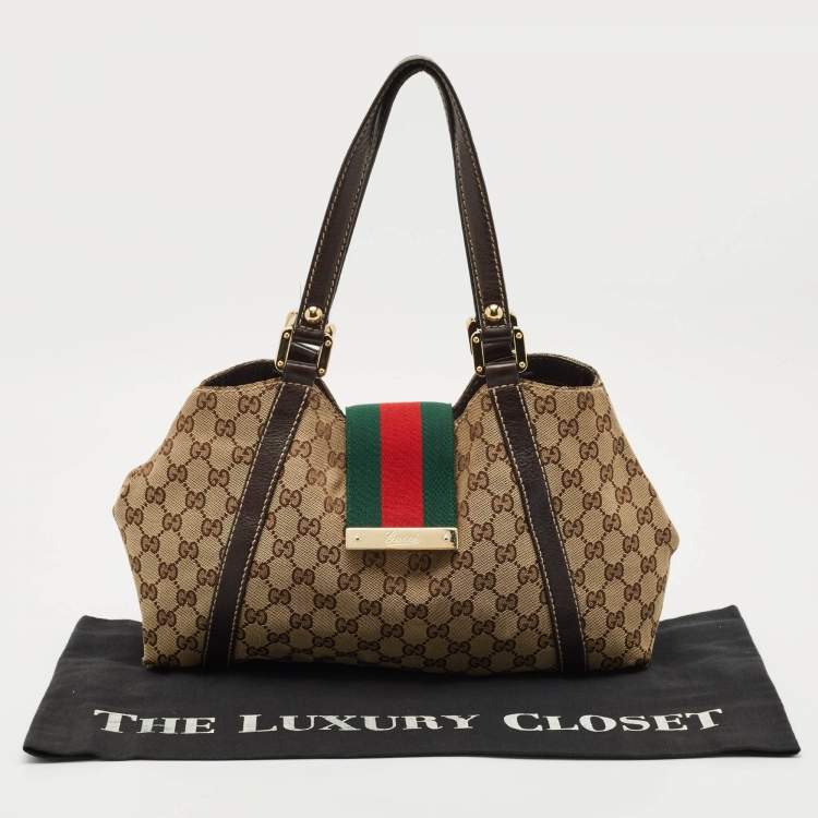 Pre Owned Gucci Beige/Dark Brown GG Canvas and Leather New Ladies Web Tote