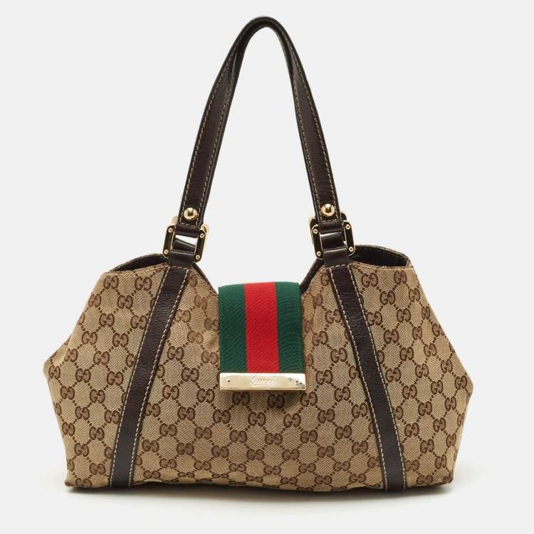 Pre Owned Gucci Beige/Dark Brown GG Canvas and Leather New Ladies Web Tote
