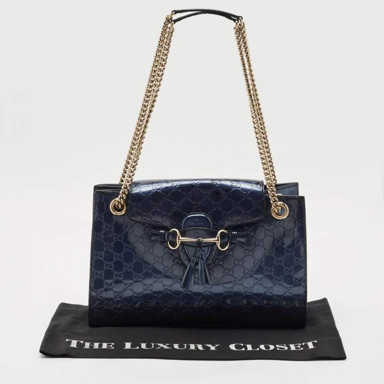 Pre Owned Gucci Blue Guccissima Patent Leather Large Emily Chain Shoulder Bag