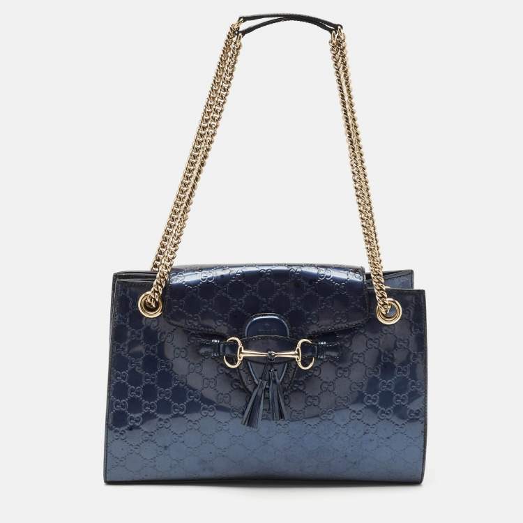 Pre Owned Gucci Blue Guccissima Patent Leather Large Emily Chain Shoulder Bag
