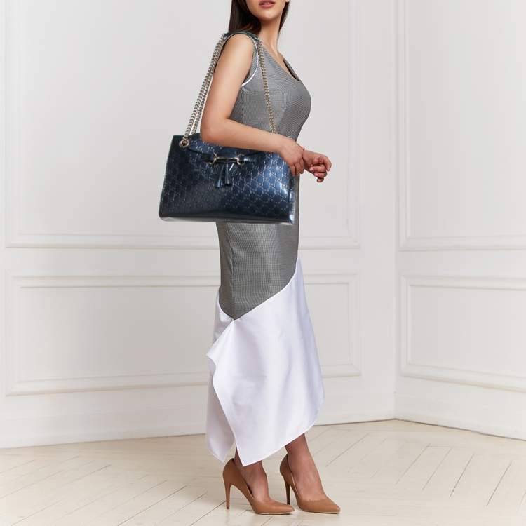 Pre Owned Gucci Blue Guccissima Patent Leather Large Emily Chain Shoulder Bag