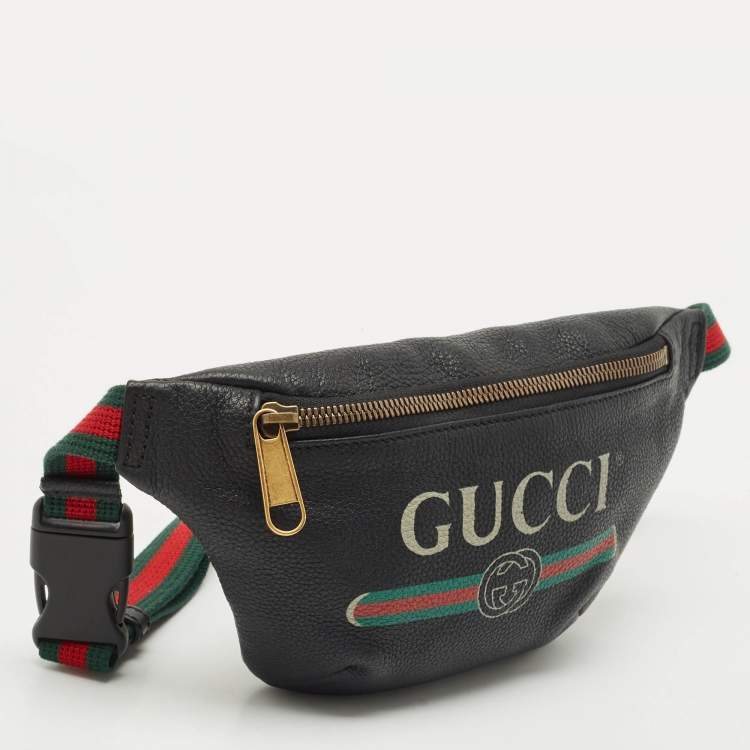Pre Owned Gucci Black Leather Logo Web Small Belt Bag