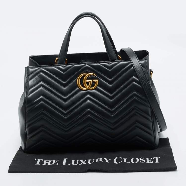 Pre Owned Gucci Black Matelasse Leather Medium GG Marmont Tote