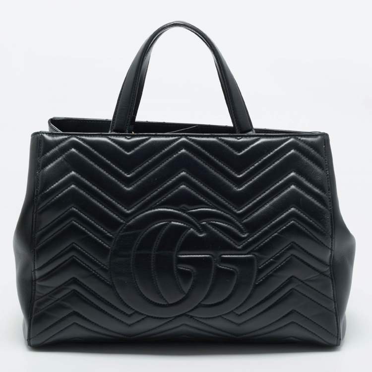 Pre Owned Gucci Black Matelasse Leather Medium GG Marmont Tote