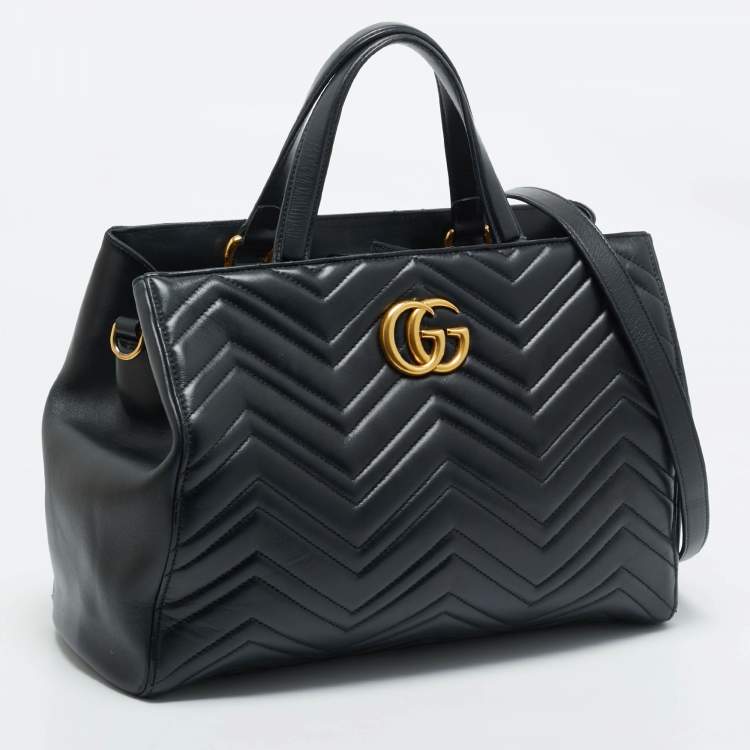 Pre Owned Gucci Black Matelasse Leather Medium GG Marmont Tote