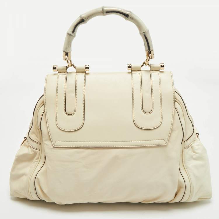 Pre Owned Gucci Cream Leather Pop Bamboo Top Handle Bag