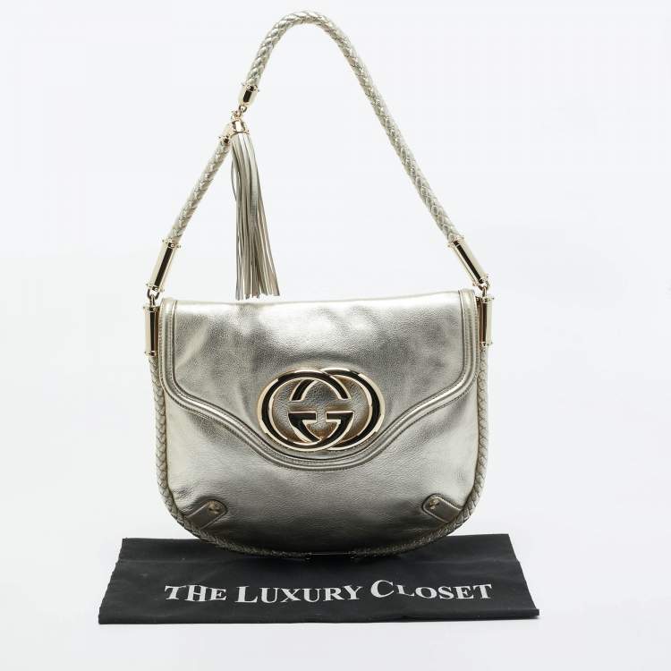 Pre Owned Gucci Gold Leather Medium Britt Tassel Hobo