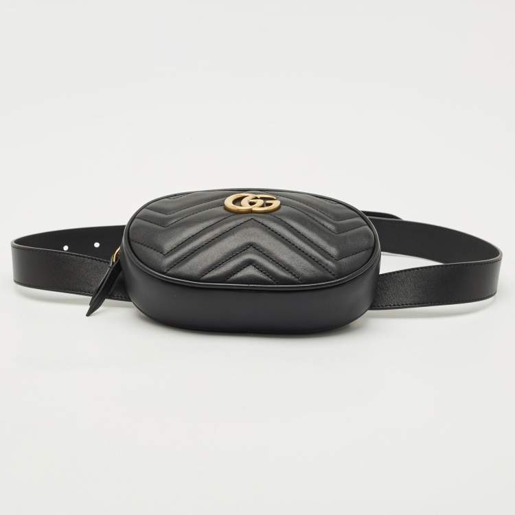Pre Owned Gucci Black Matelassé Leather Mini GG Marmont Belt Bag