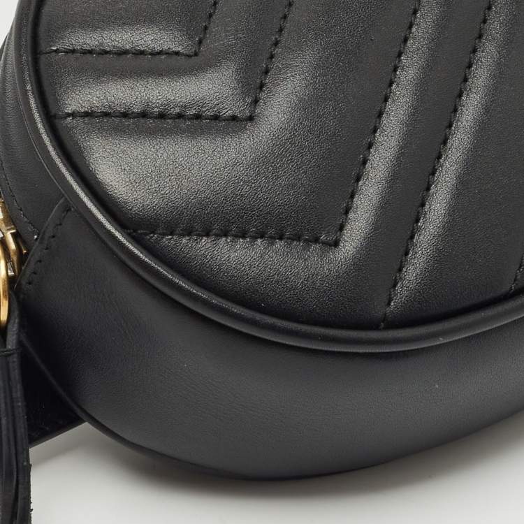 Pre Owned Gucci Black Matelassé Leather Mini GG Marmont Belt Bag