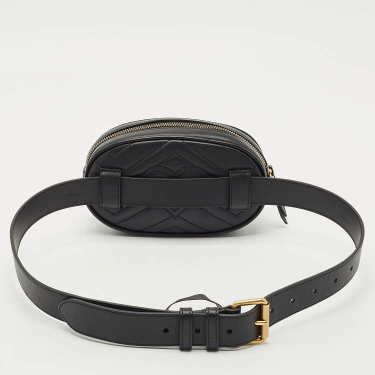 Pre Owned Gucci Black Matelassé Leather Mini GG Marmont Belt Bag