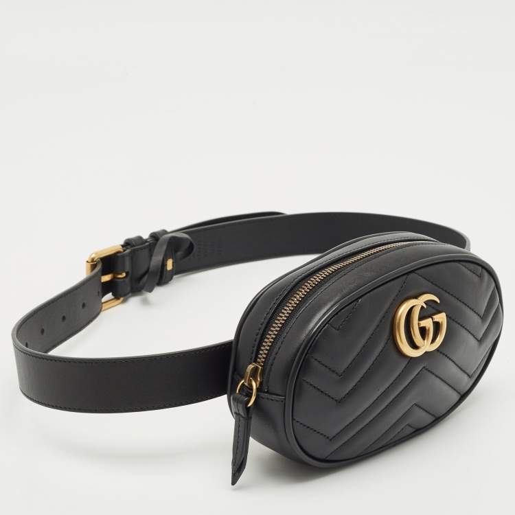 Pre Owned Gucci Black Matelassé Leather Mini GG Marmont Belt Bag