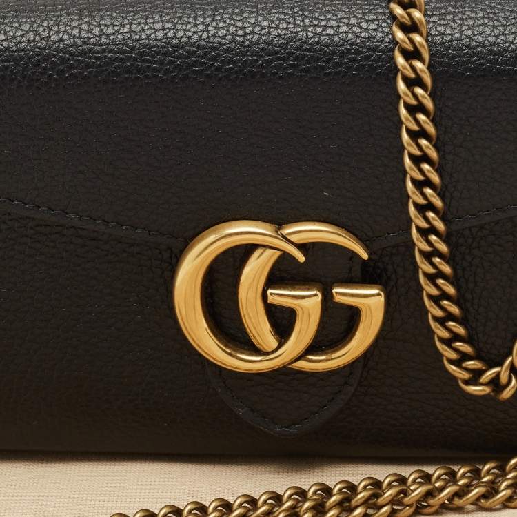 Pre Owned Gucci Black Leather GG Marmont Wallet on Chain