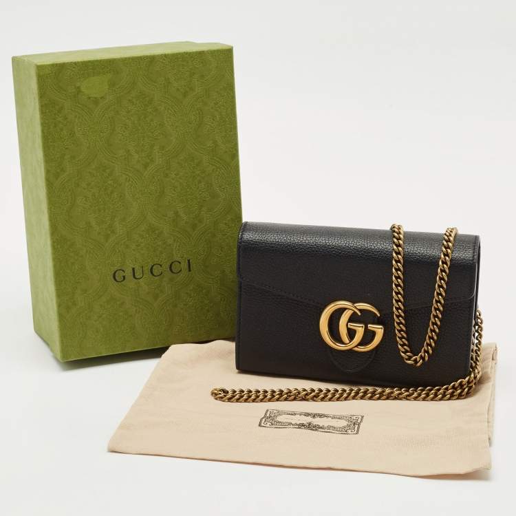 Pre Owned Gucci Black Leather GG Marmont Wallet on Chain