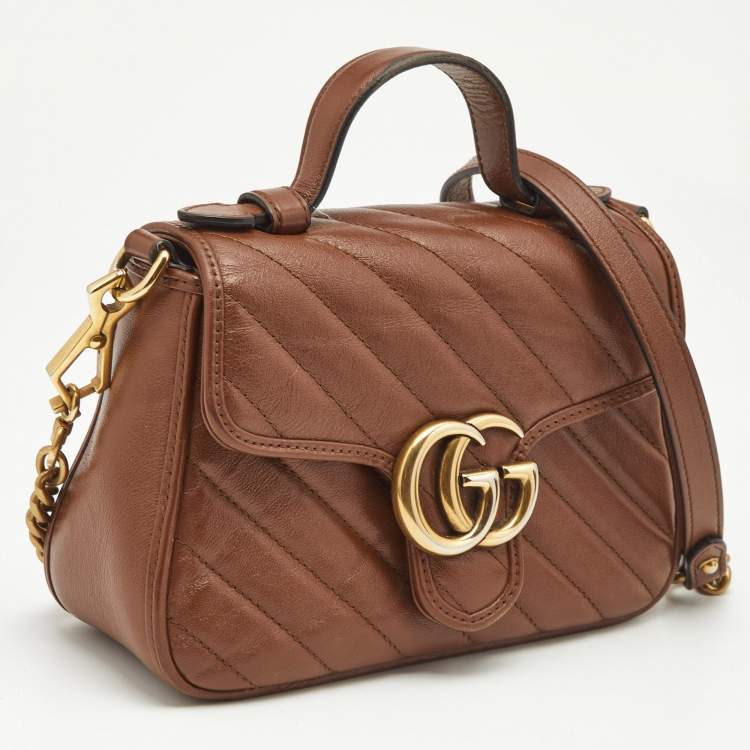 Pre Owned Gucci Brown Matelasse Leather Mini GG Marmont Top Handle Bag