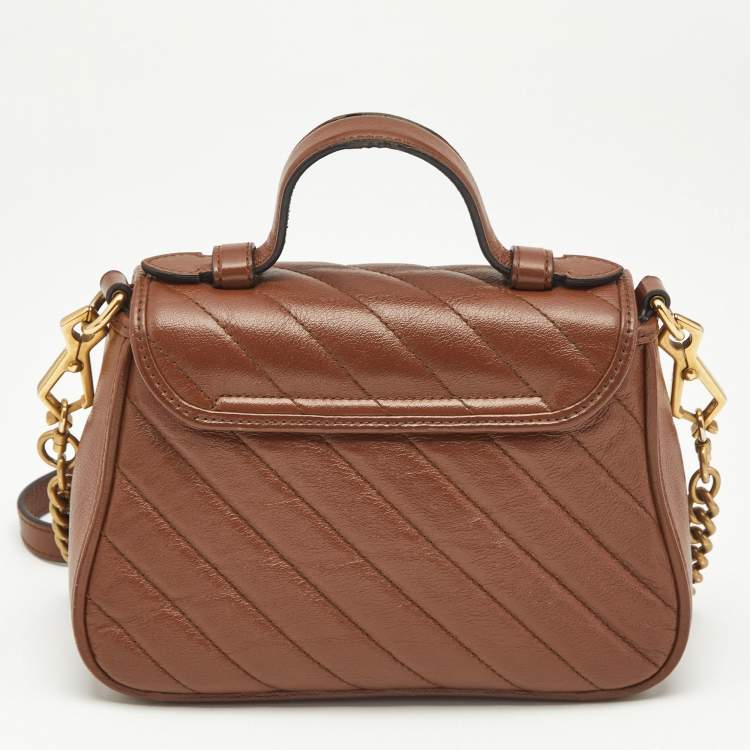Pre Owned Gucci Brown Matelasse Leather Mini GG Marmont Top Handle Bag