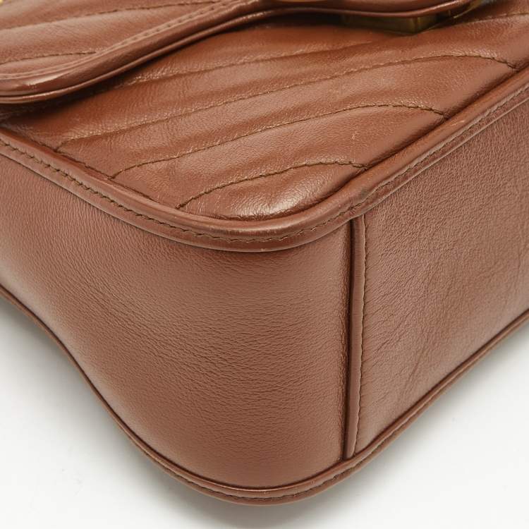 Pre Owned Gucci Brown Matelasse Leather Mini GG Marmont Top Handle Bag