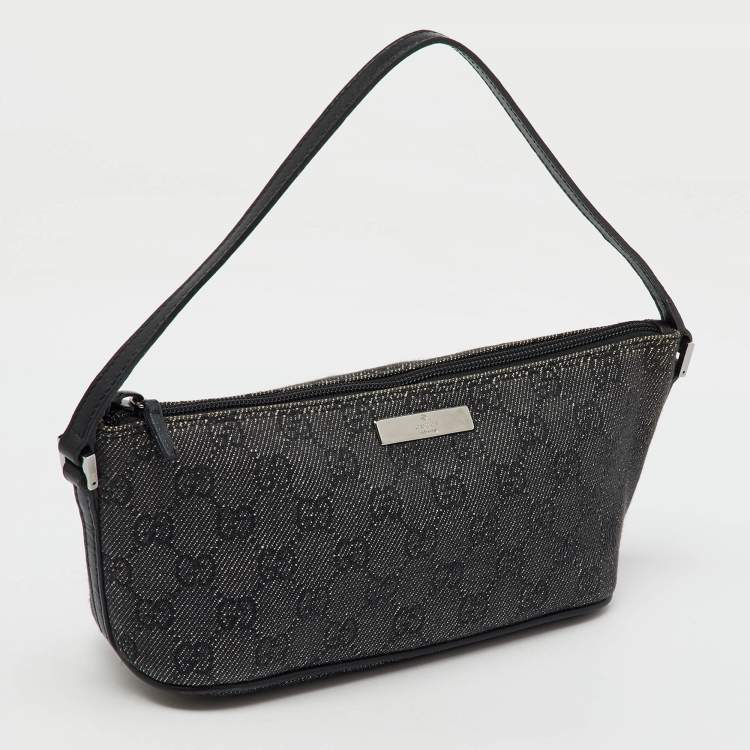 Pre Owned Gucci Dark Grey/Black GG Canvas And Leather Boat Pochette