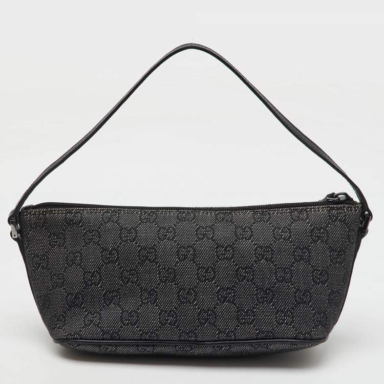 Pre Owned Gucci Dark Grey/Black GG Canvas And Leather Boat Pochette