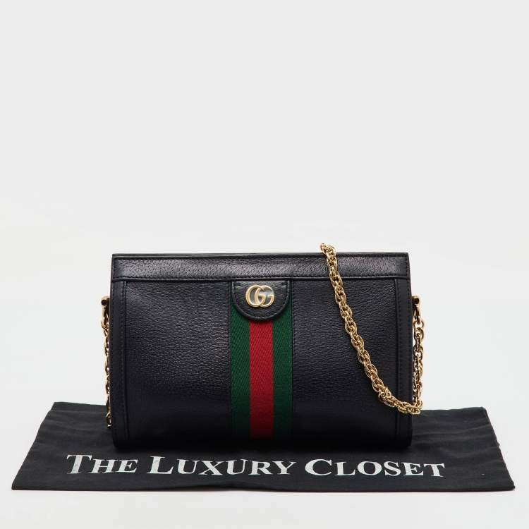 Pre Owned Gucci Black Leather GG Web Detail Ophidia Small Chain Shoulder Bag