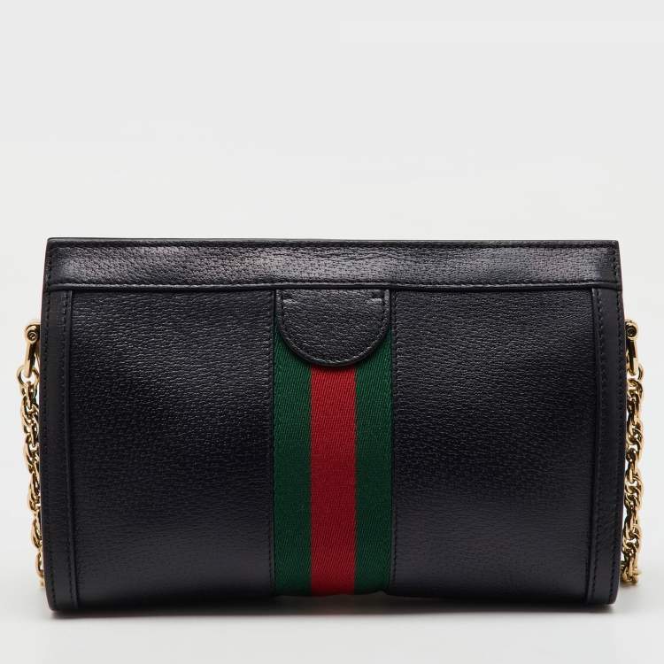 Pre Owned Gucci Black Leather GG Web Detail Ophidia Small Chain Shoulder Bag