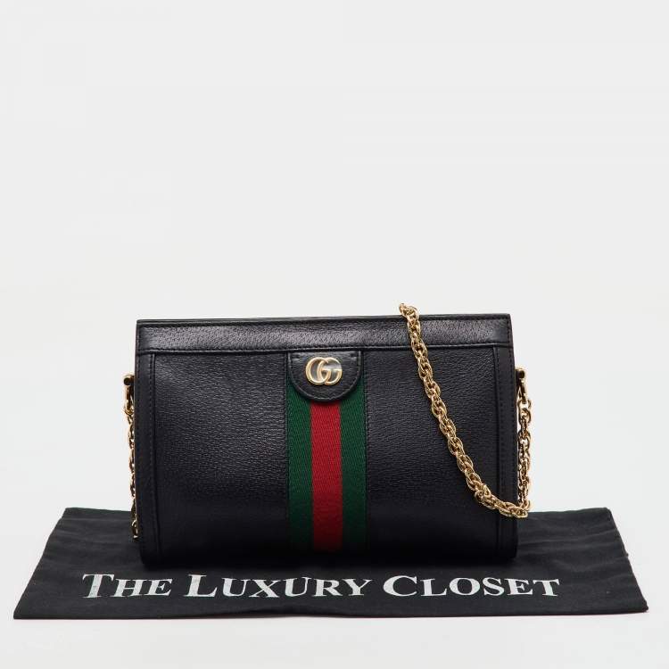 Pre Owned Gucci Black Leather GG Web Detail Ophidia Small Chain Shoulder Bag  