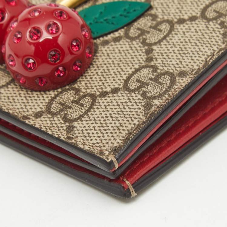 Pre Owned Gucci Beige/Red GG Supreme Coated Canvas Cherry Crystals Embellished Card Case