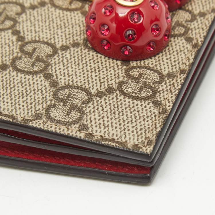 Pre Owned Gucci Beige/Red GG Supreme Coated Canvas Cherry Crystals Embellished Card Case