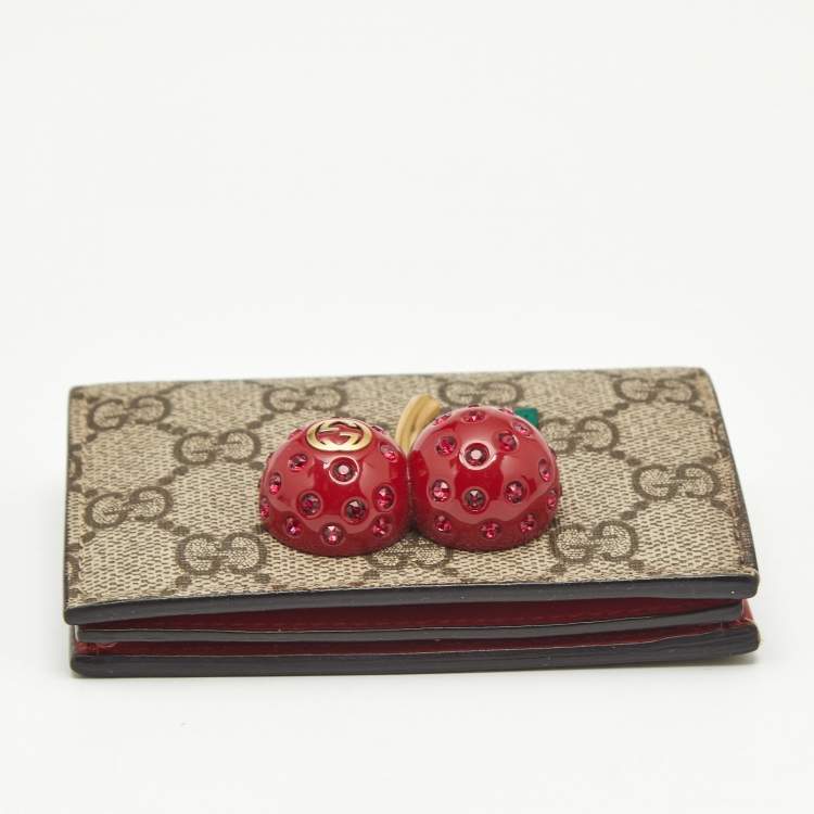 Pre Owned Gucci Beige/Red GG Supreme Coated Canvas Cherry Crystals Embellished Card Case