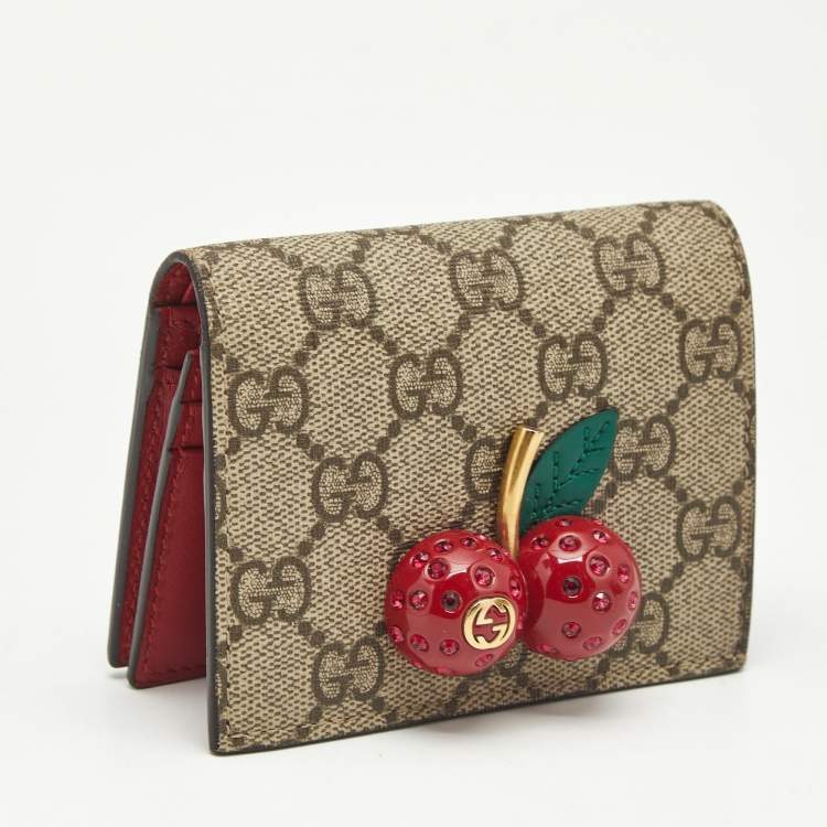 Pre Owned Gucci Beige/Red GG Supreme Coated Canvas Cherry Crystals Embellished Card Case