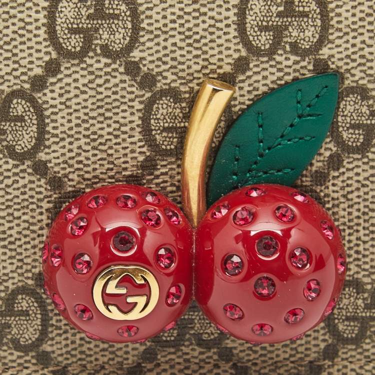 Pre Owned Gucci Beige/Red GG Supreme Coated Canvas Cherry Crystals Embellished Card Case