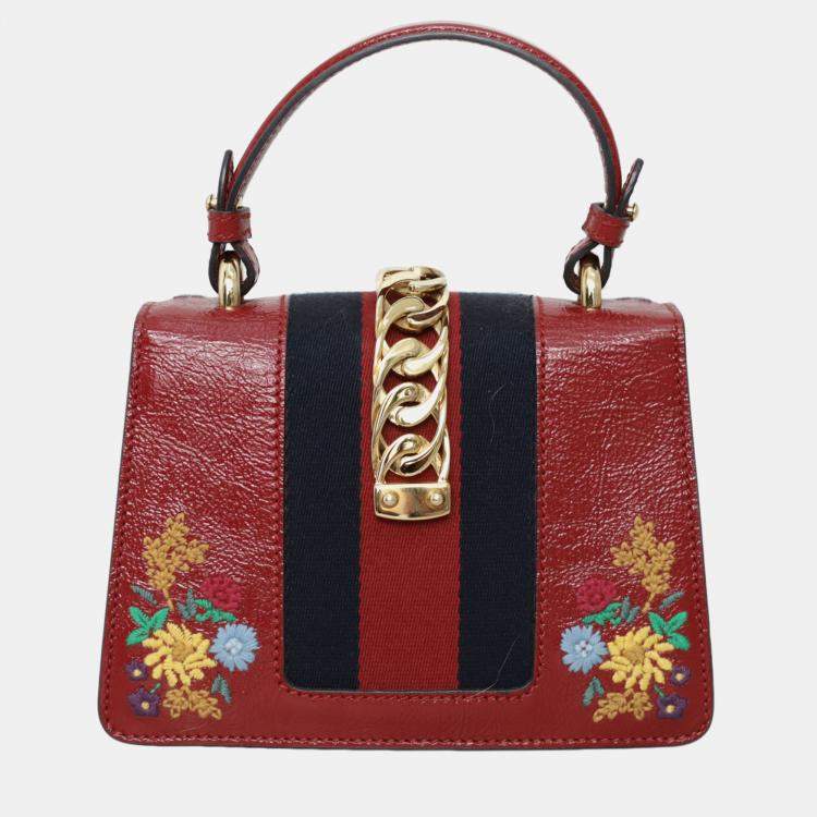 Pre Owned Gucci Patent Embroidered Mini Sylvie Red Top Handle Bag